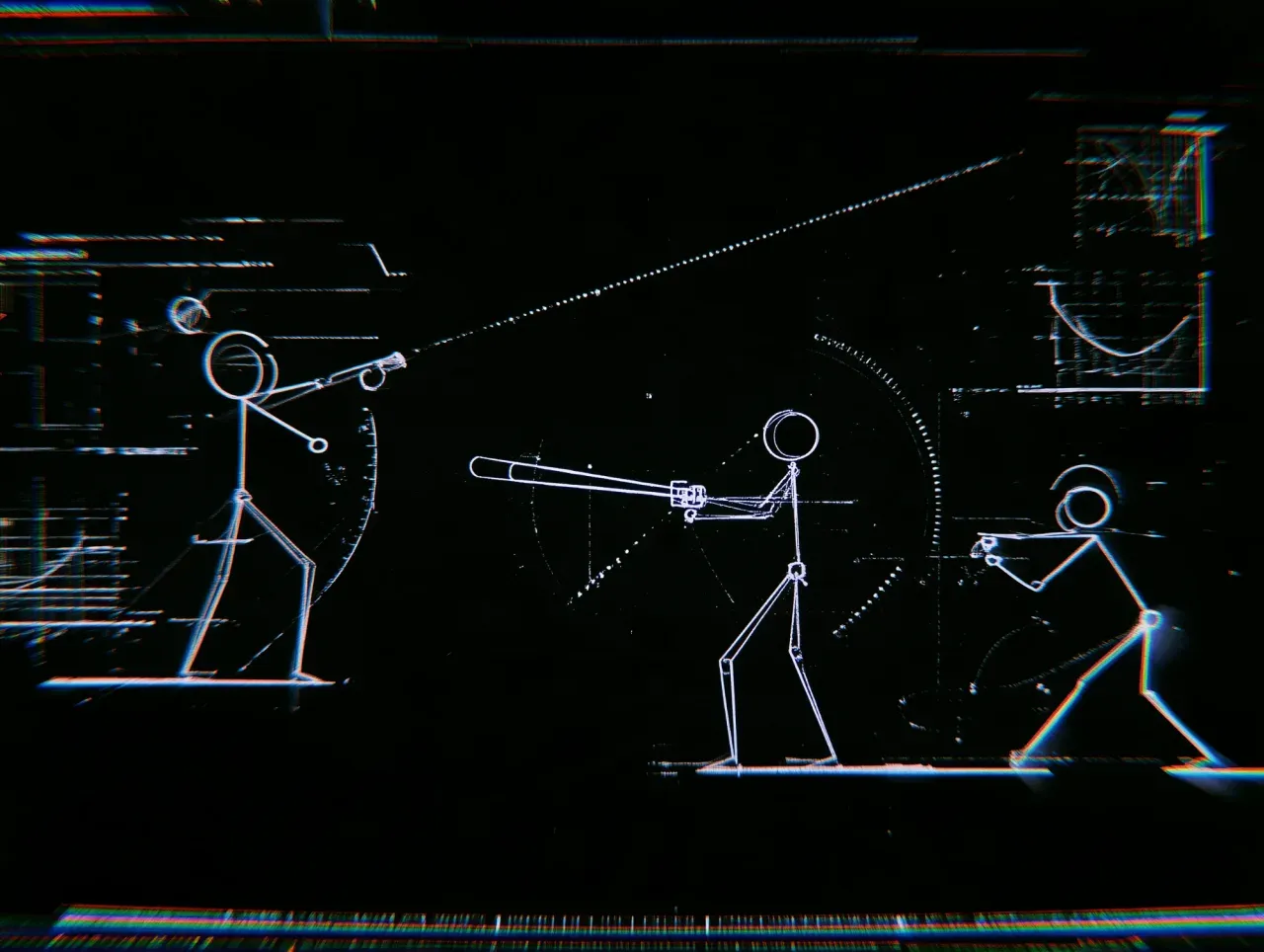 Three glowing line-drawn stick figures on a black background: a pitcher on the left with a dotted trajectory line, a batter in the middle holding out a bat, and a crouching fielder on the right.