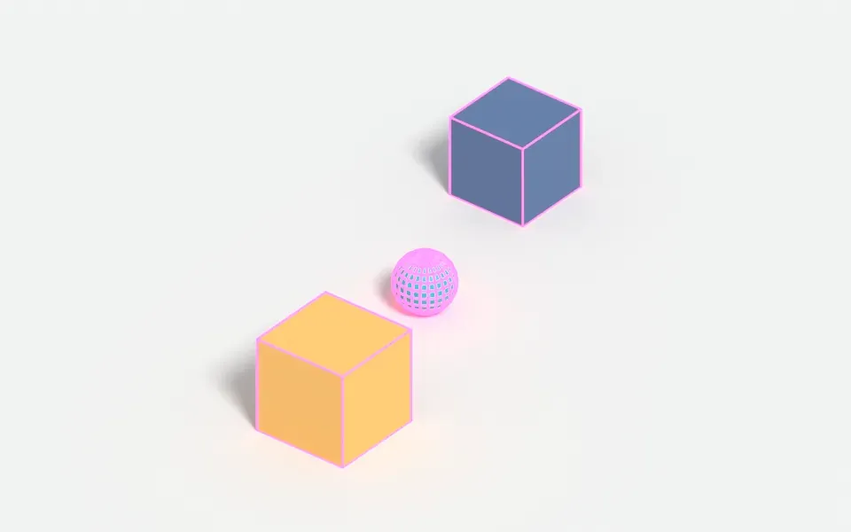 The sphere rests on the ground inside its target outline, halfway between the two cubes.