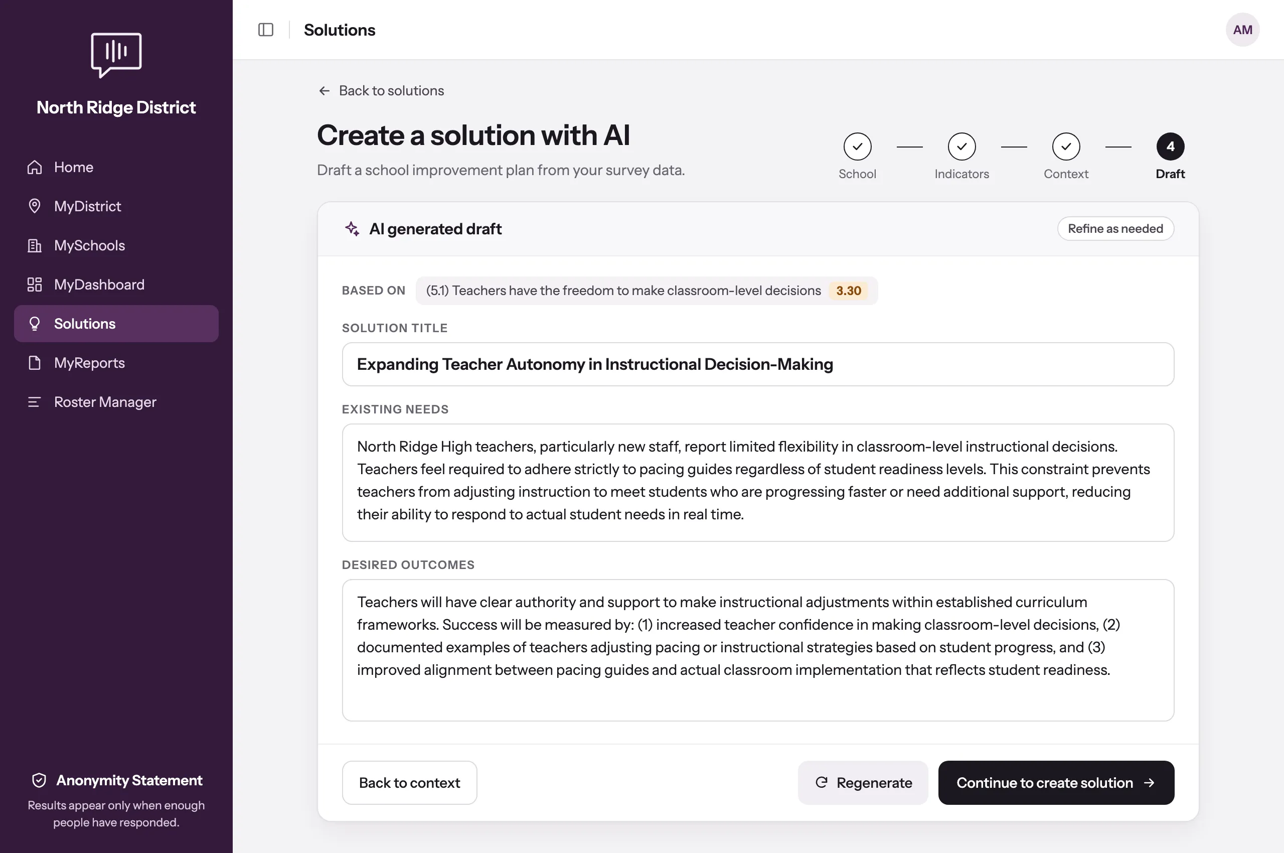 MyVoice's Create a solution with AI wizard at step four. An AI generated draft titled Expanding Teacher Autonomy in Instructional Decision-Making, based on indicator 5.1 with a score of 3.30, lists the existing needs and desired outcomes, with buttons to regenerate or continue.