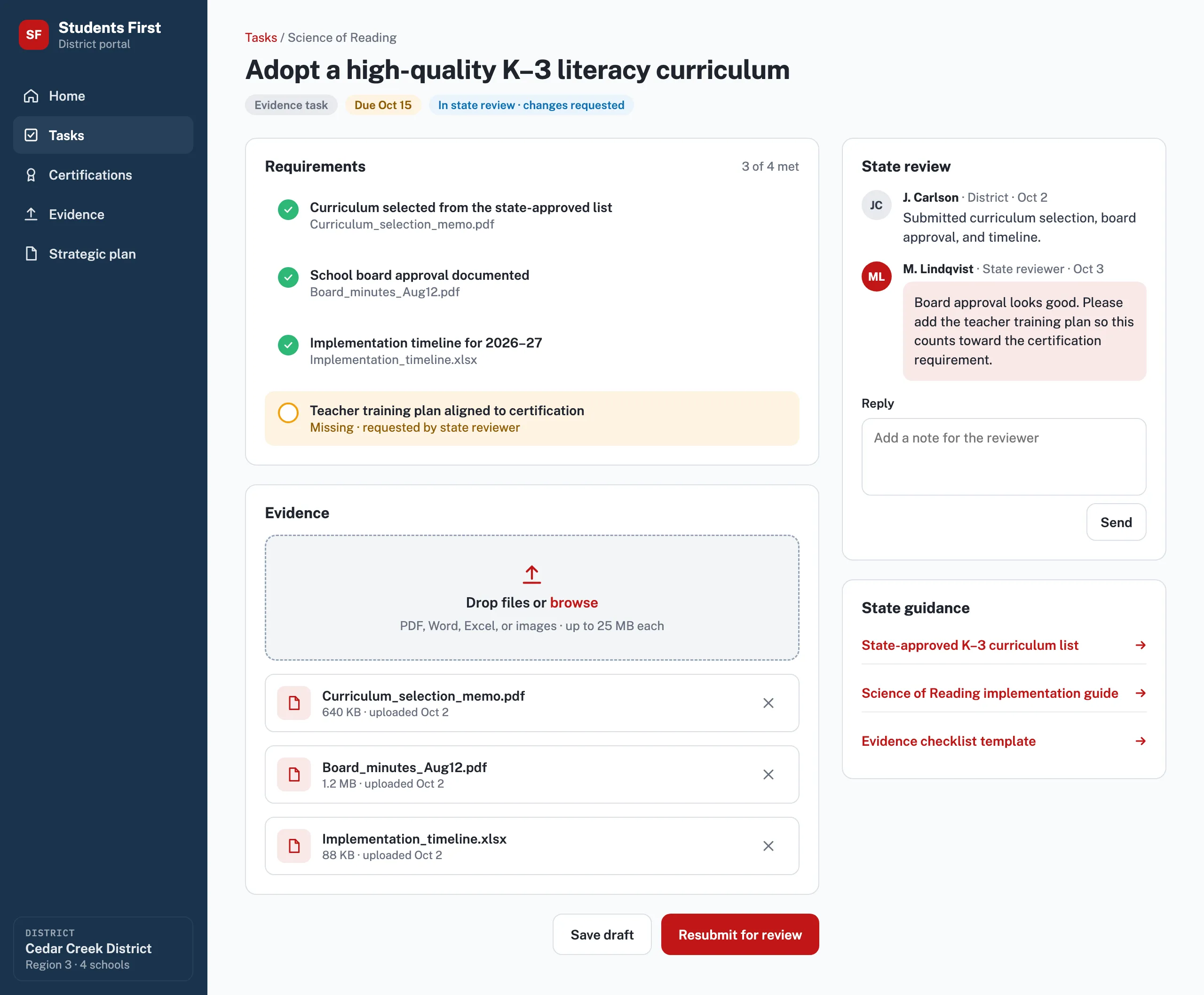 An evidence task, Adopt a high-quality K–3 literacy curriculum, in state review with changes requested. Three of four requirements are met with uploaded files; the teacher training plan is missing. A state review thread shows the reviewer asking for the training plan, beside links to state guidance.